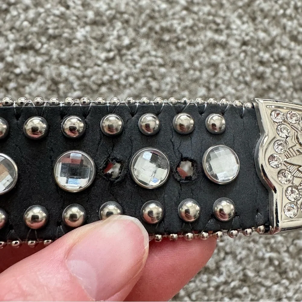 Nocona Leather Belt 26 Black Studded Rhinestone Sliver Bling Cowgirl Y2K Boho‎